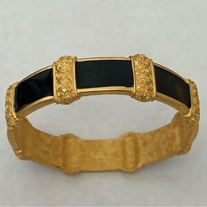 Vintage AK Anne Klein bracelet black enamel shiny gold tone bangle 80s 90s